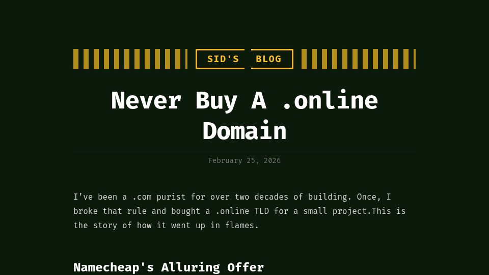 Screenshot of 0xsid.com: Never buy a .online domain