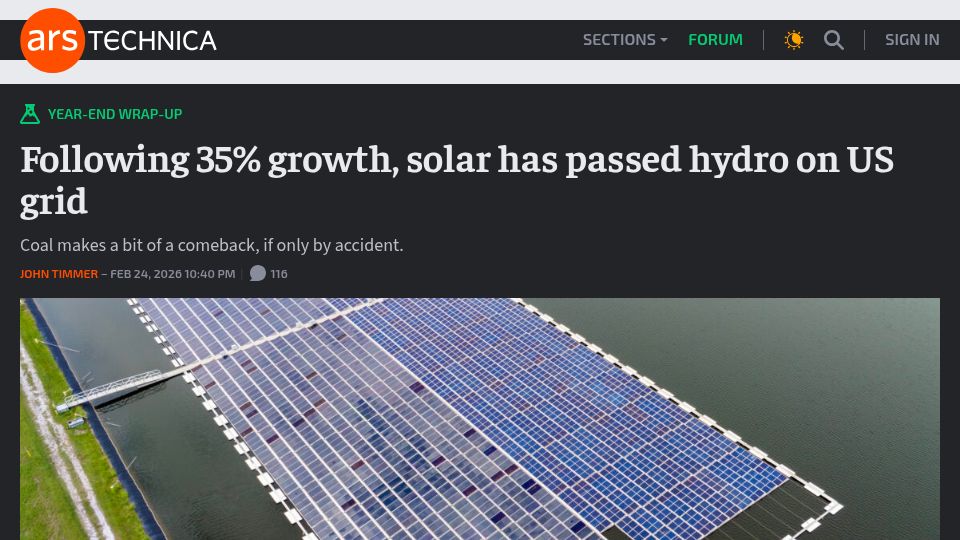 Screenshot of arstechnica.com: Following 35% growth, solar has passed hydro on US grid