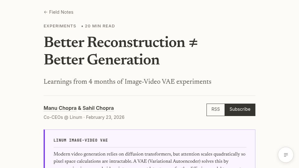 Screenshot of linum.ai: Learnings from 4 months of Image-Video VAE experiments