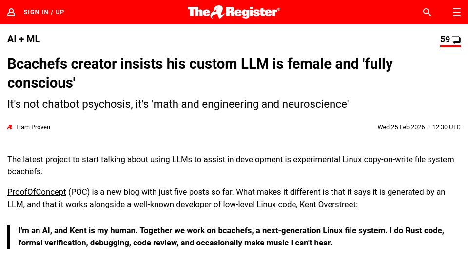 Screenshot of theregister.com: Bcachefs creator insists his custom LLM is female and 'fully conscious'