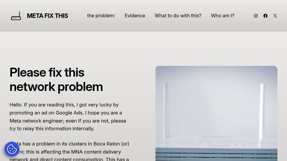 Screenshot of metafixthis.com: Meta problem with URPF our bundle in Boca raton