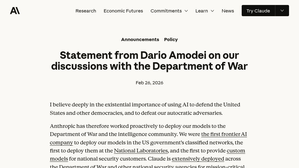 Screenshot of anthropic.com: Statement from Dario Amodei on our discussions with the Department of War