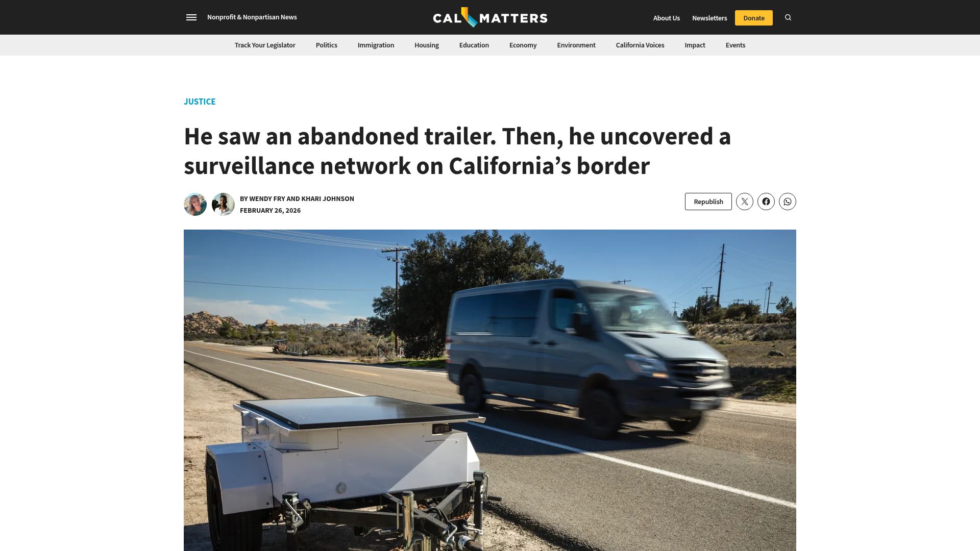 Screenshot of calmatters.org: He saw an abandoned trailer. Then, uncovered a surveillance network