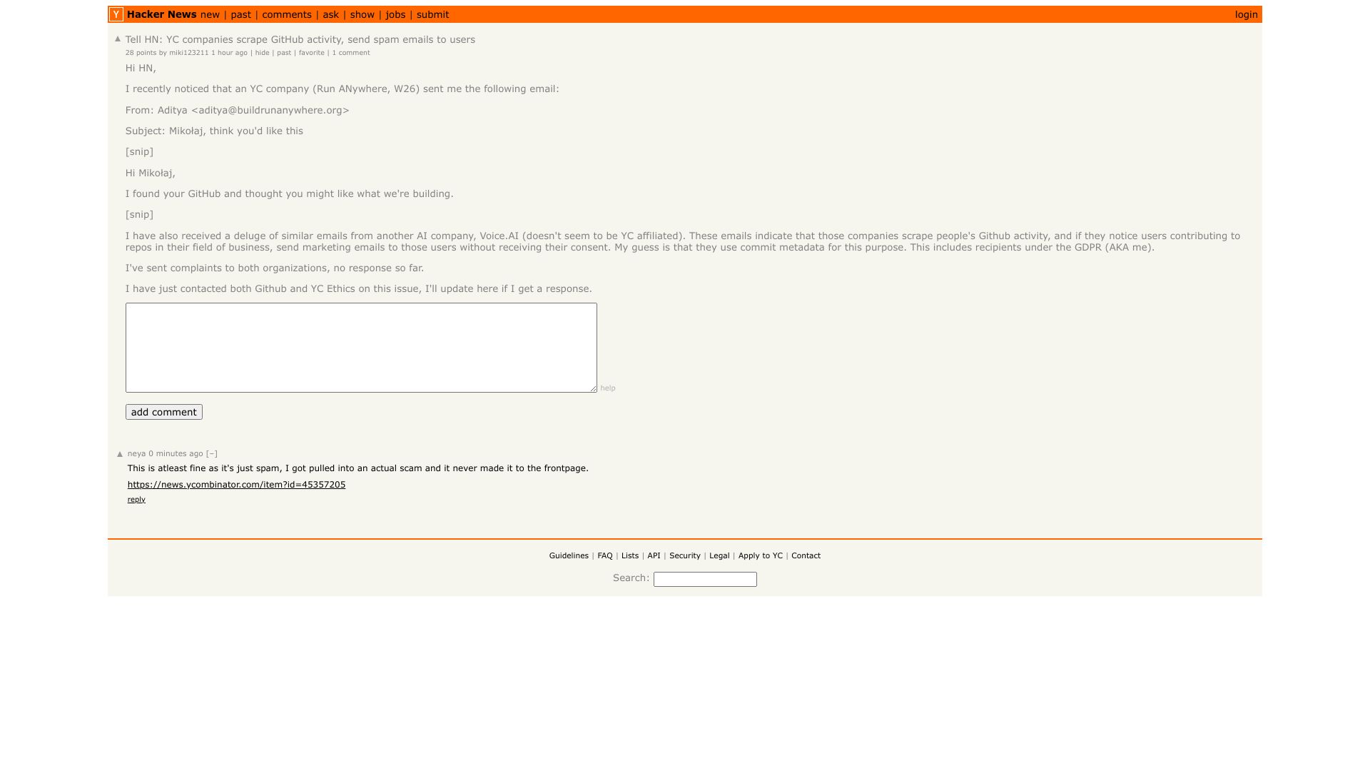 Screenshot of this Hacker News post: Tell HN: YC companies scrape GitHub activity, send spam emails to users