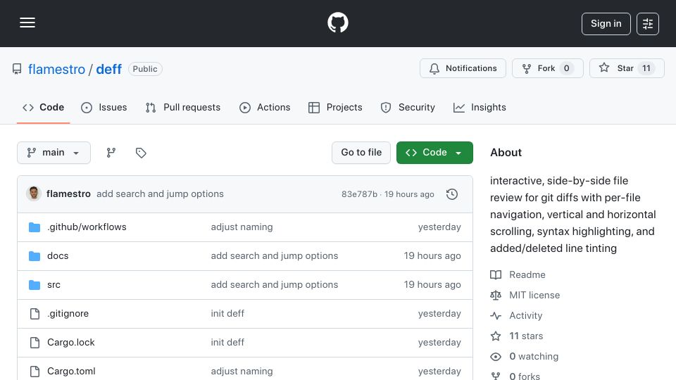 Screenshot of github.com: Show HN: Deff – Side-by-side Git diff review in your terminal