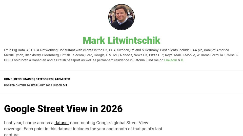 Screenshot of tech.marksblogg.com: Google Street View in 2026
