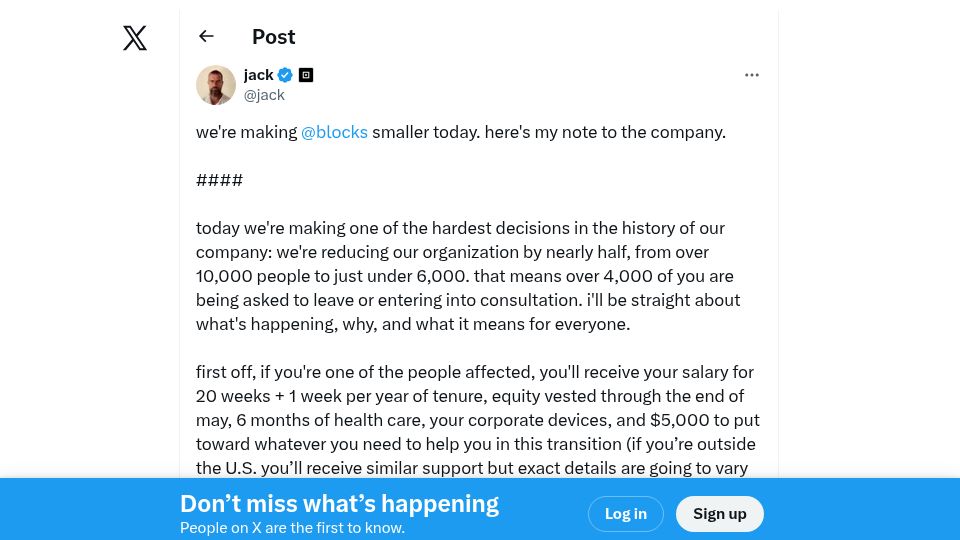 Screenshot of twitter.com: Layoffs at Block