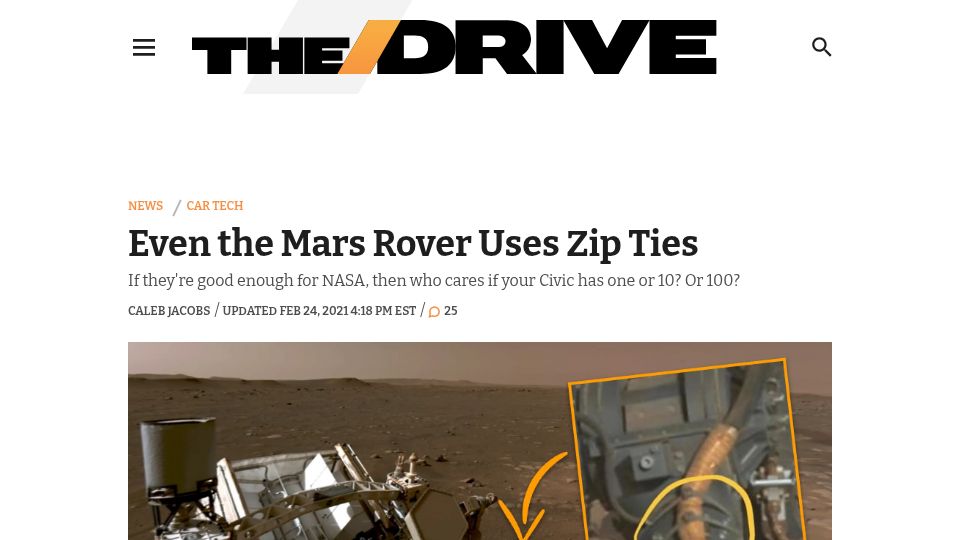 Screenshot of thedrive.com: Even the Mars Rover Uses Zip Ties (2021)
