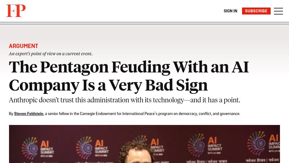 Screenshot of foreignpolicy.com: The Pentagon Feuding with an AI Company Is a Bad Sign