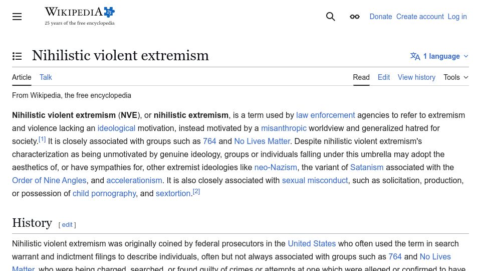 Screenshot of en.wikipedia.org: Nihilistic Violent Extremism