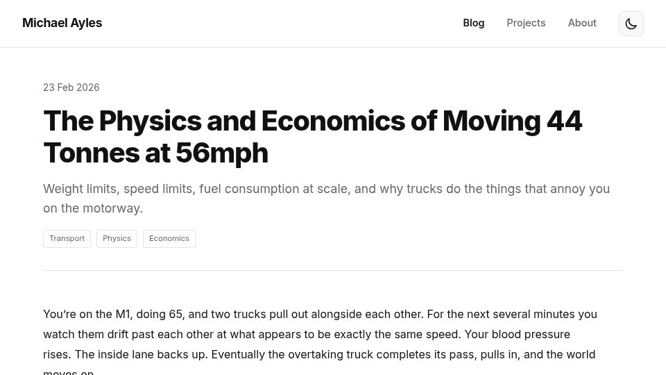 Screenshot of mikeayles.com: The Physics and Economics of Moving 44 Tonnes at 56mph