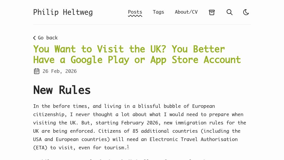 Screenshot of heltweg.org: You Want to Visit the UK? You Better Have a Google Play or App Store Account