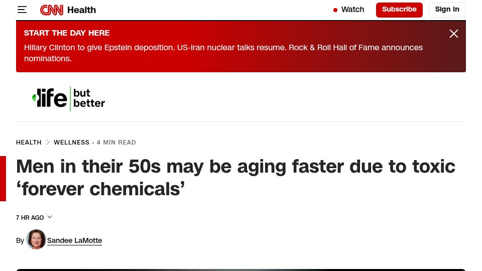 Screenshot of cnn.com: Men in their 50s may be aging faster due to toxic 'forever chemicals'