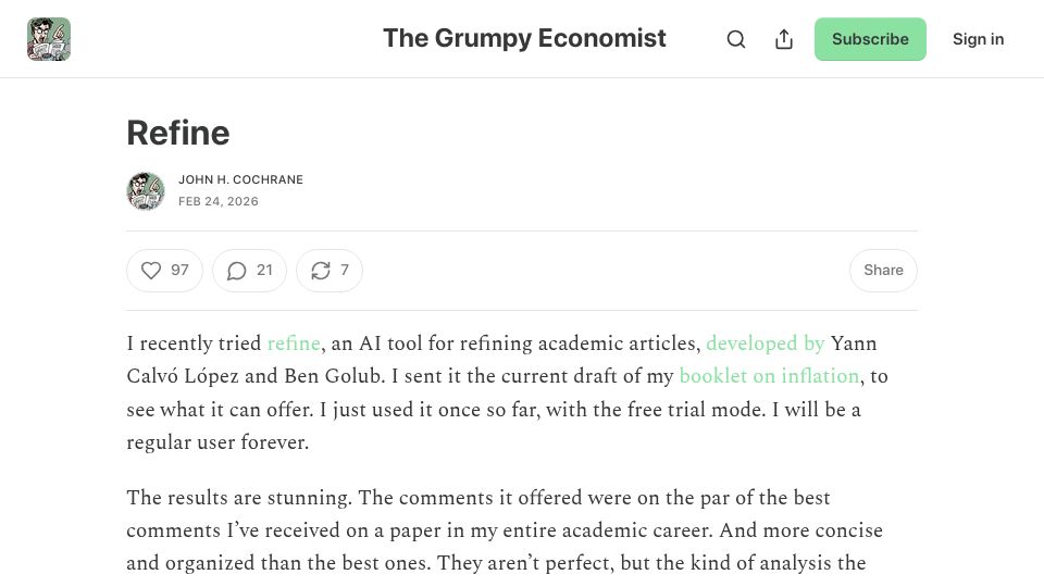 Screenshot of grumpy-economist.com: I don't know how you get here from “predict the next word”