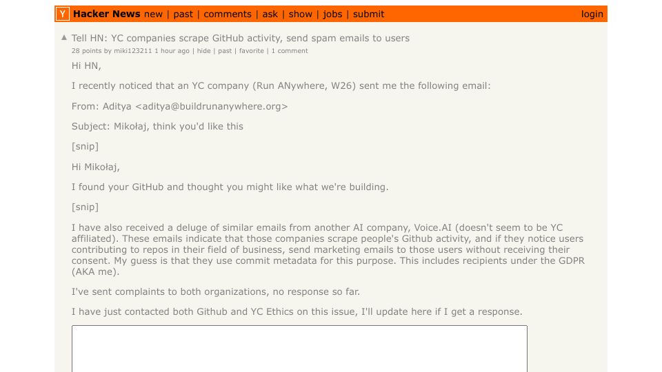 Screenshot of Hacker News post: Tell HN: YC companies scrape GitHub activity, send spam emails to users