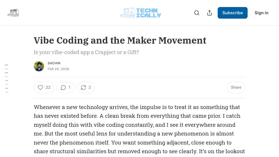 Screenshot of read.technically.dev: Will vibe coding end like the maker movement?