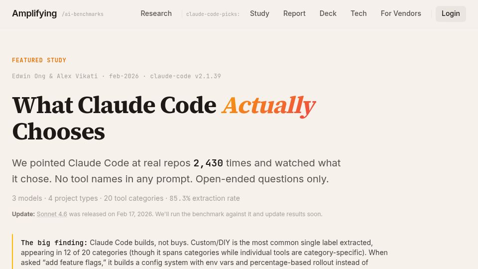 Screenshot of amplifying.ai: What Claude Code chooses