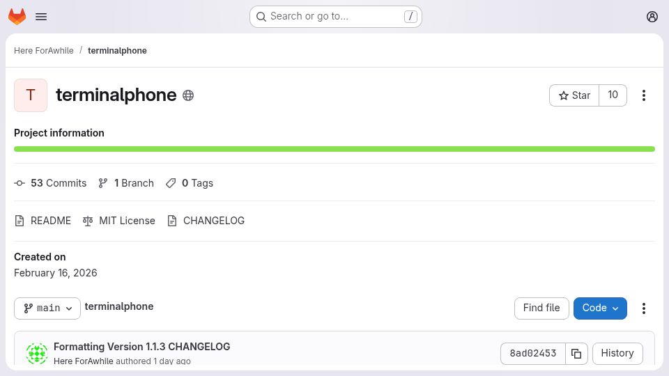 Screenshot of gitlab.com: Show HN: Terminal Phone – E2EE Walkie Talkie from the Command Line