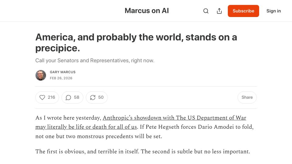 Screenshot of garymarcus.substack.com: America, and probably the world, stands on a precipice