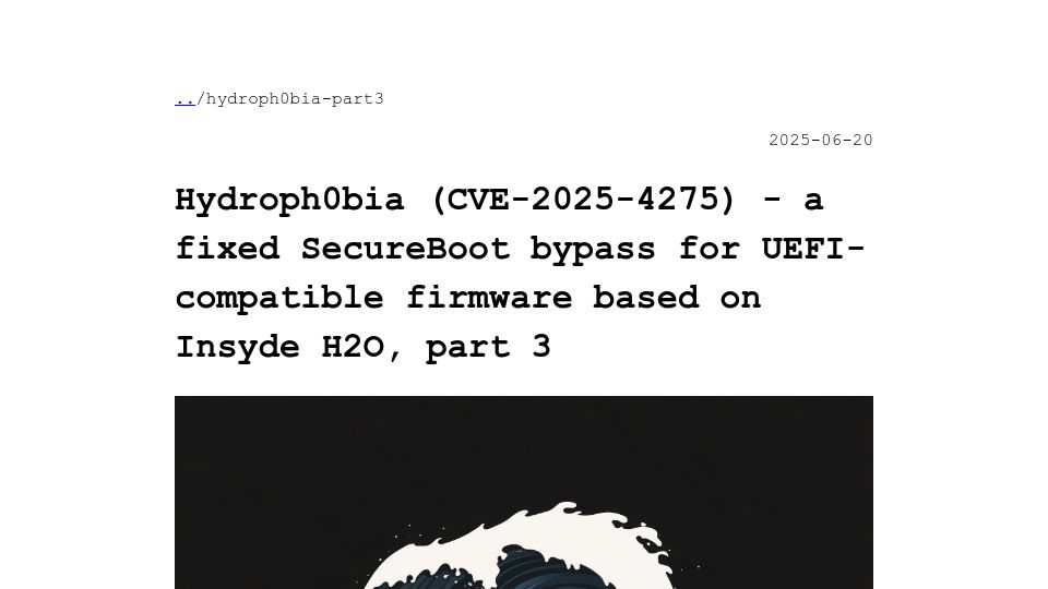 Screenshot of coderush.me: Hydroph0bia – fixed SecureBoot bypass for UEFI firmware from Insyde H2O (2025)