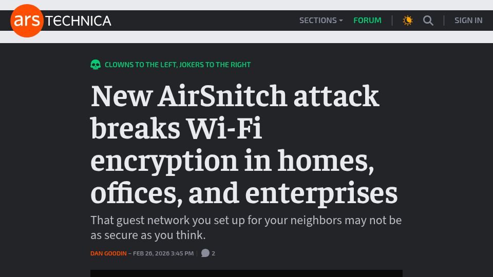 Screenshot of ndss-symposium.org: AirSnitch: Demystifying and breaking client isolation in Wi-Fi networks [pdf]