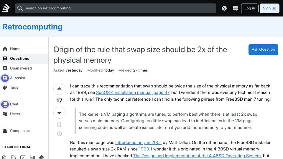 Screenshot of retrocomputing.stackexchange.com: Origin of the rule that swap size should be 2x of the physical memory