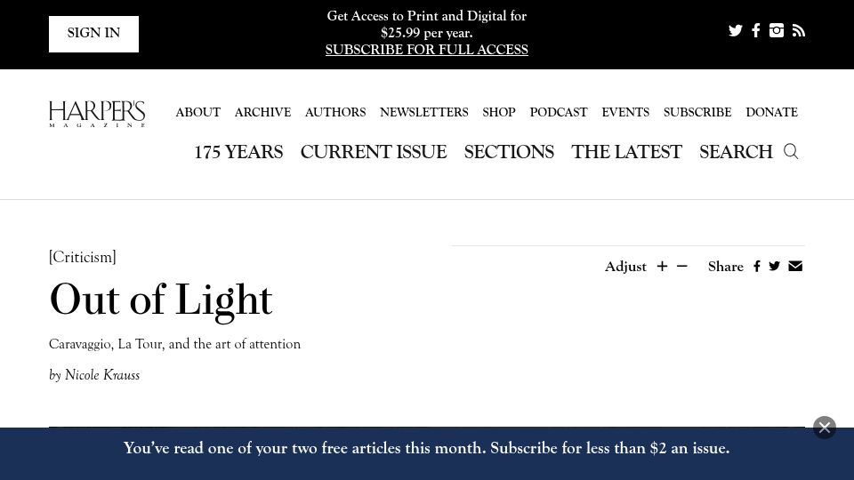 Screenshot of harpers.org: Out of Light Adjust Share: Caravaggio, La Tour, and the Art of Attention