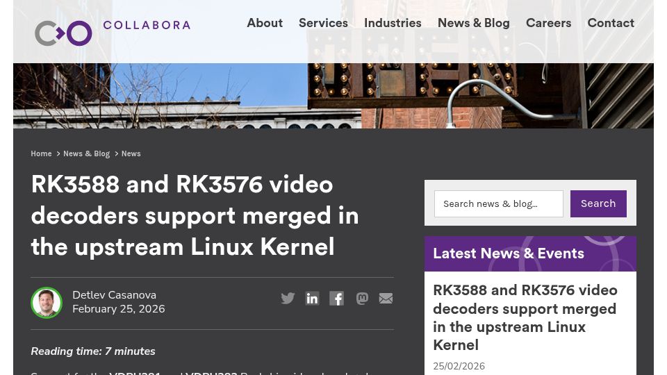 Screenshot of collabora.com: RK3588 and RK3576 video decoders support merged in the upstream Linux Kernel