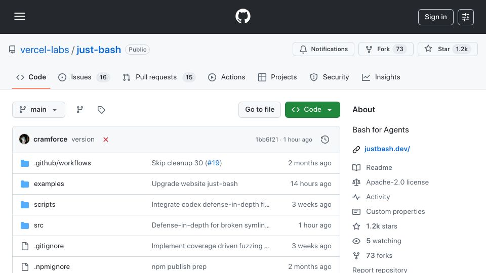 Screenshot of github.com: Just-bash: Bash for Agents
