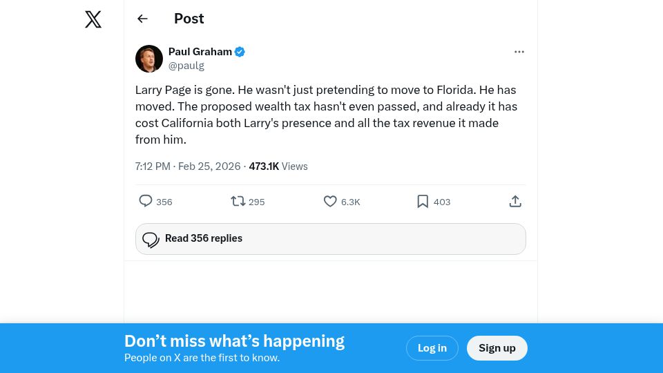Screenshot of twitter.com: Larry Page has moved to Florida
