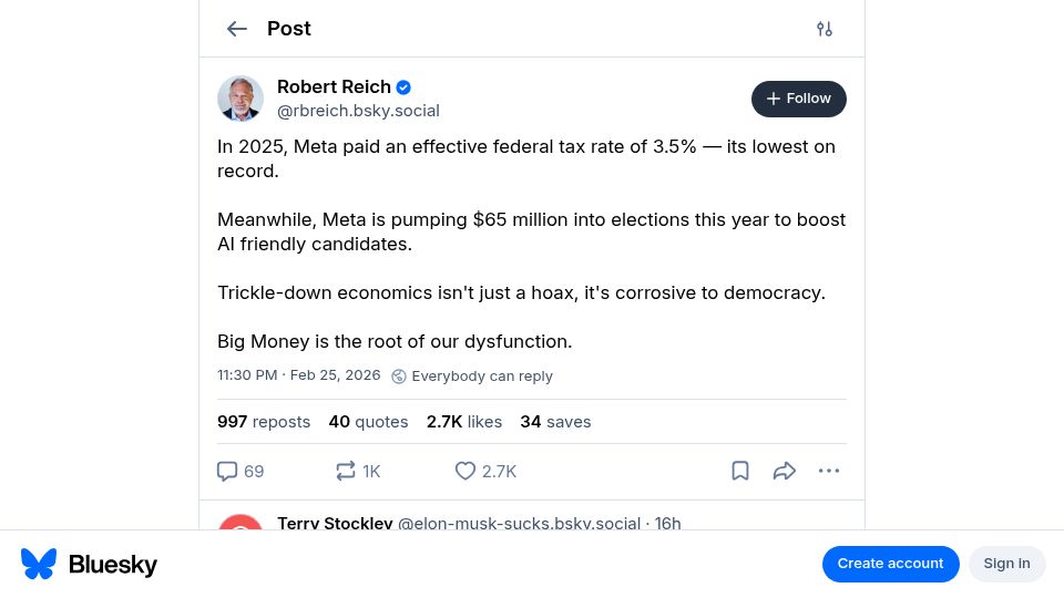 Screenshot of bsky.app: In 2025, Meta paid an effective federal tax rate of 3.5%