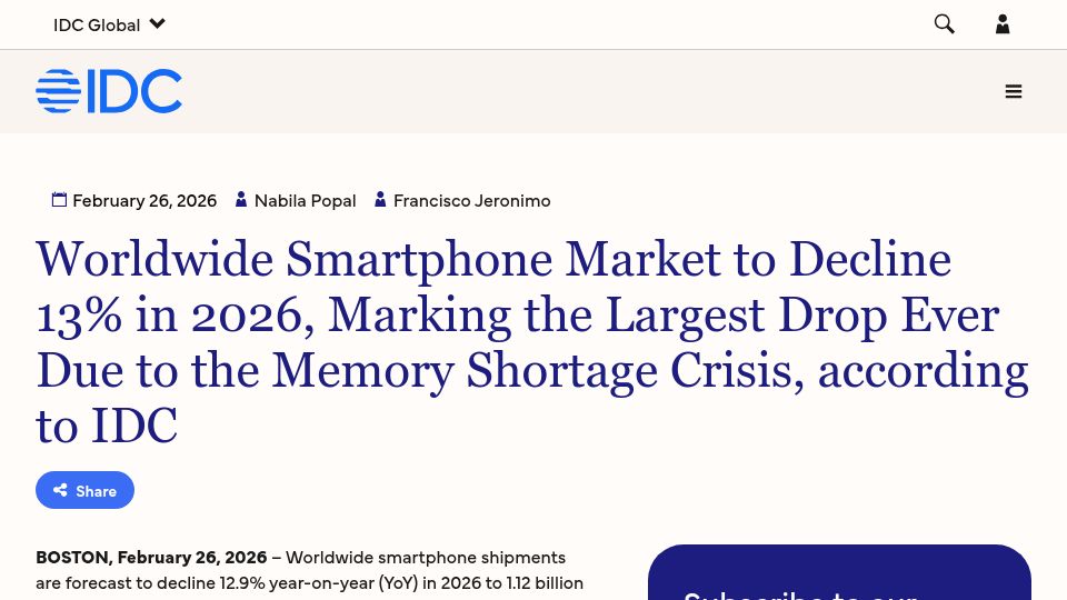 Screenshot of idc.com: Smartphone market forecast to decline this year due to memory shortage