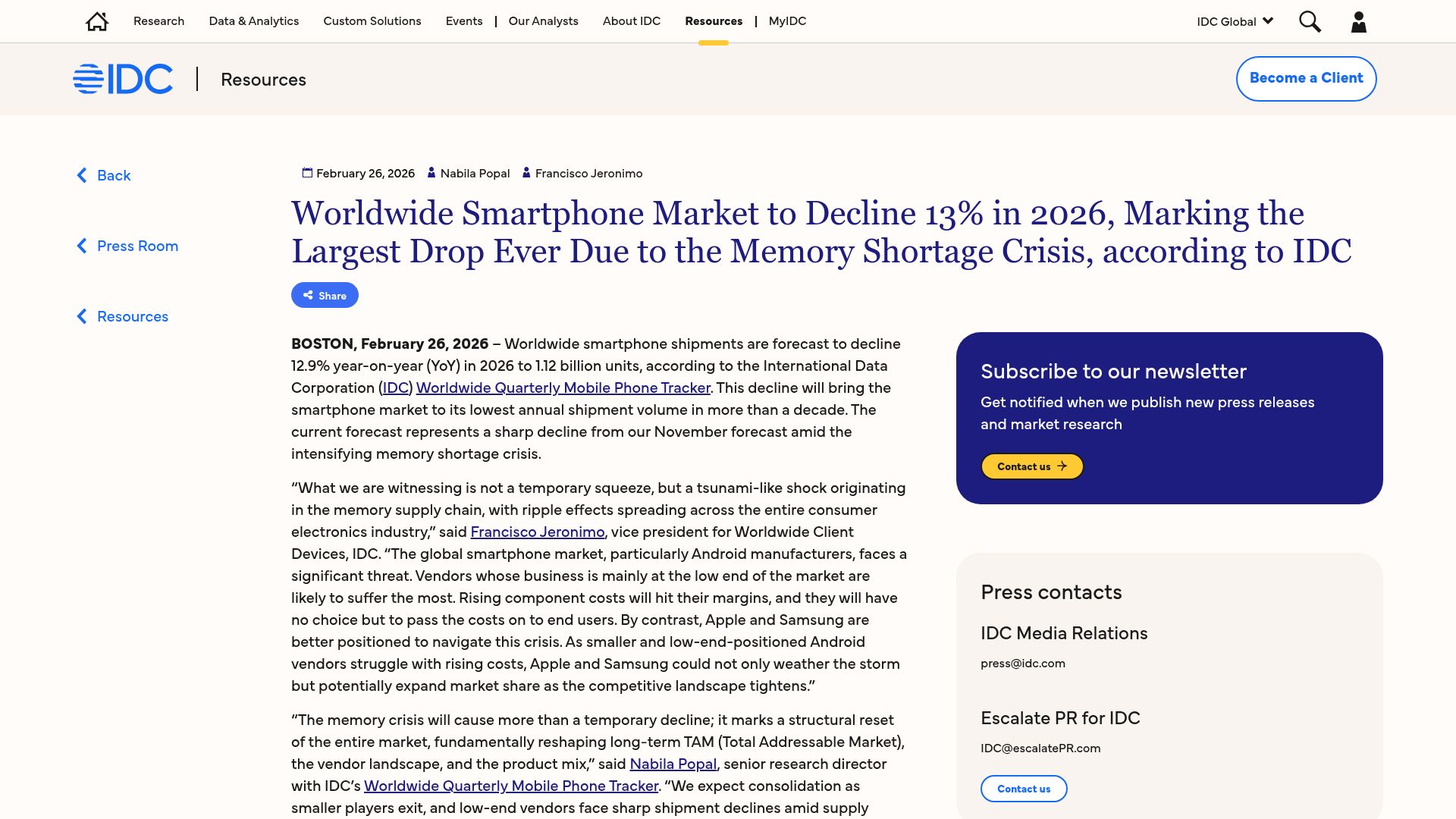 Screenshot of idc.com: Smartphone market forecast to decline this year due to memory shortage