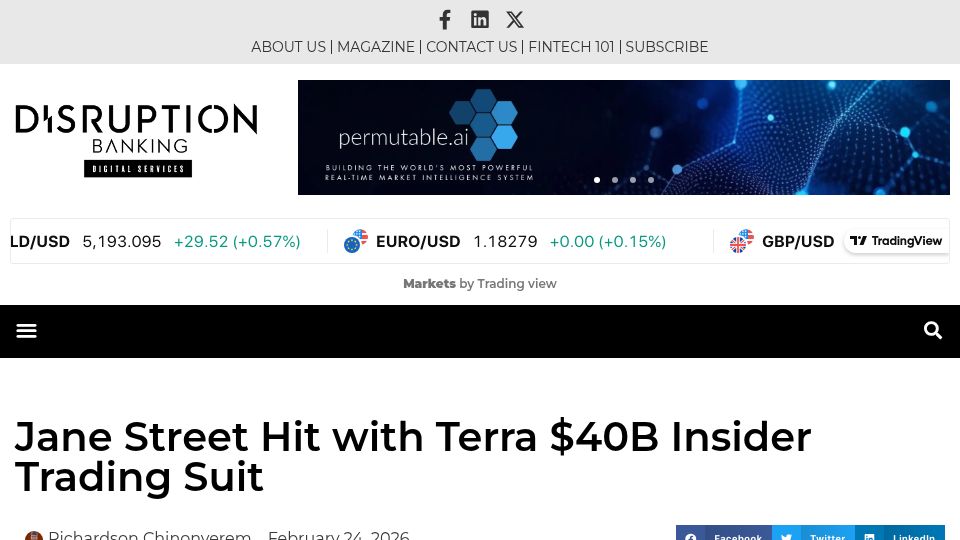 Screenshot of disruptionbanking.com: Jane Street Hit with Terra $40B Insider Trading Suit