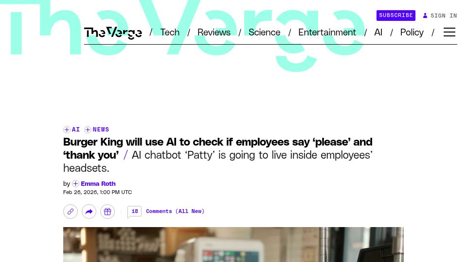 Screenshot of theverge.com: Burger King will use AI to check if employees say 'please' and 'thank you'