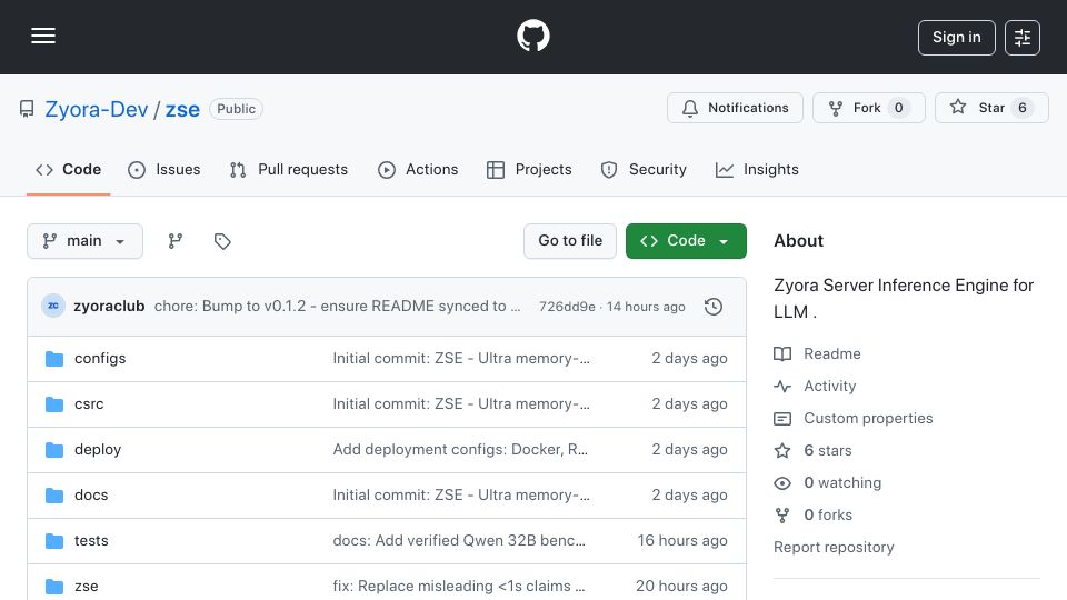 Screenshot of github.com: Show HN: ZSE – Open-source LLM inference engine with 3.9s cold starts