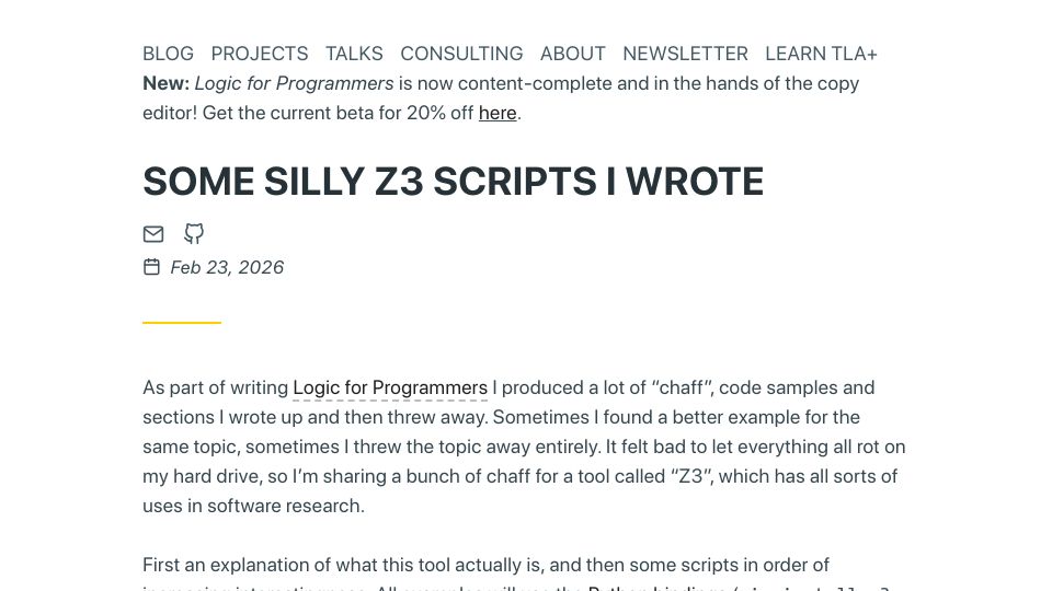 Screenshot of hillelwayne.com: Some silly Z3 scripts I wrote