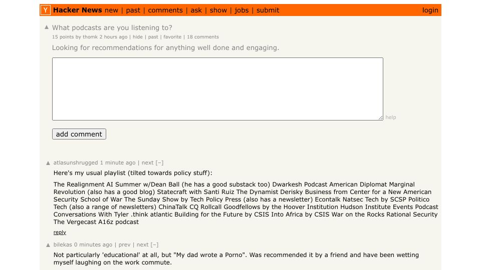 Screenshot of Hacker News post: What podcasts are you listening to?