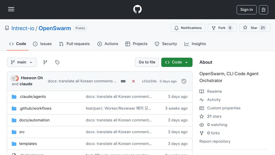 Screenshot of github.com: Show HN: OpenSwarm – Multi‑Agent Claude CLI Orchestrator for Linear/GitHub