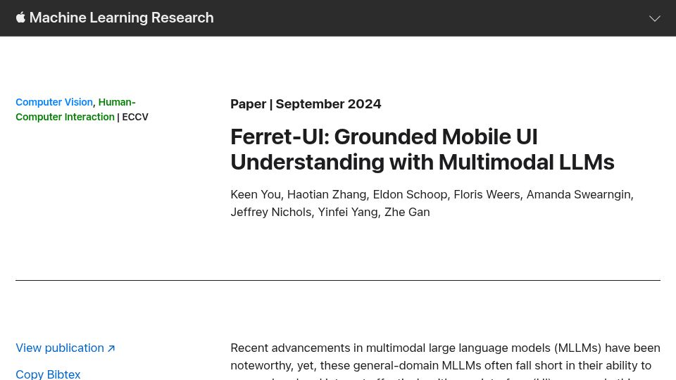 Screenshot of machinelearning.apple.com: Ferret-UI Lite: Lessons from Building Small On-Device GUI Agents