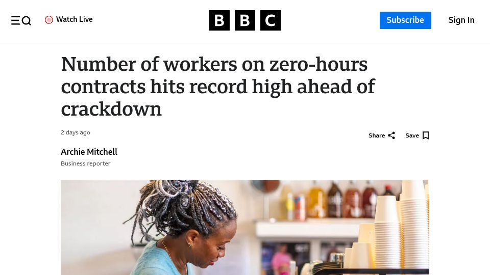 Screenshot of bbc.co.uk: Number of UK workers on zero-hours contracts hits record high ahead of crackdown