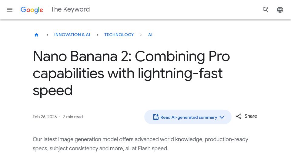 Screenshot of blog.google: Nano Banana 2: Google's latest AI image generation model