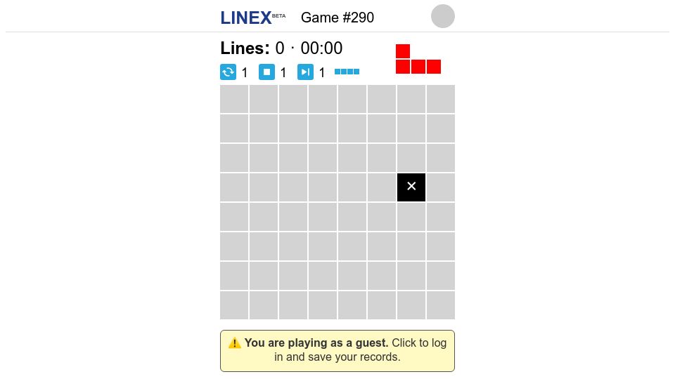 Screenshot of playlinex.com: Show HN: Linex – A daily challenge: placing pieces on a board that fights back