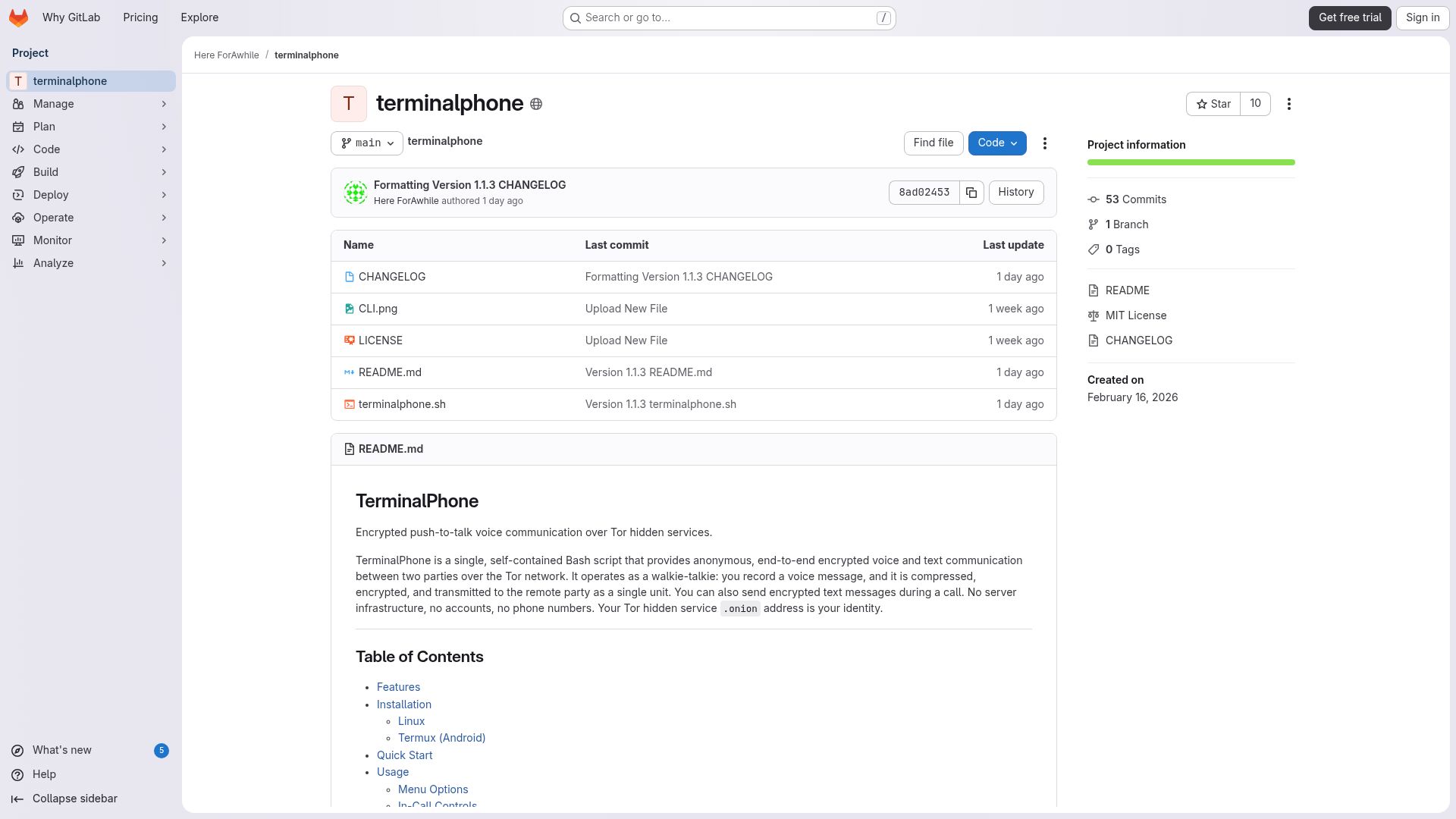 Screenshot of gitlab.com: Show HN: Terminal Phone – E2EE Walkie Talkie from the Command Line