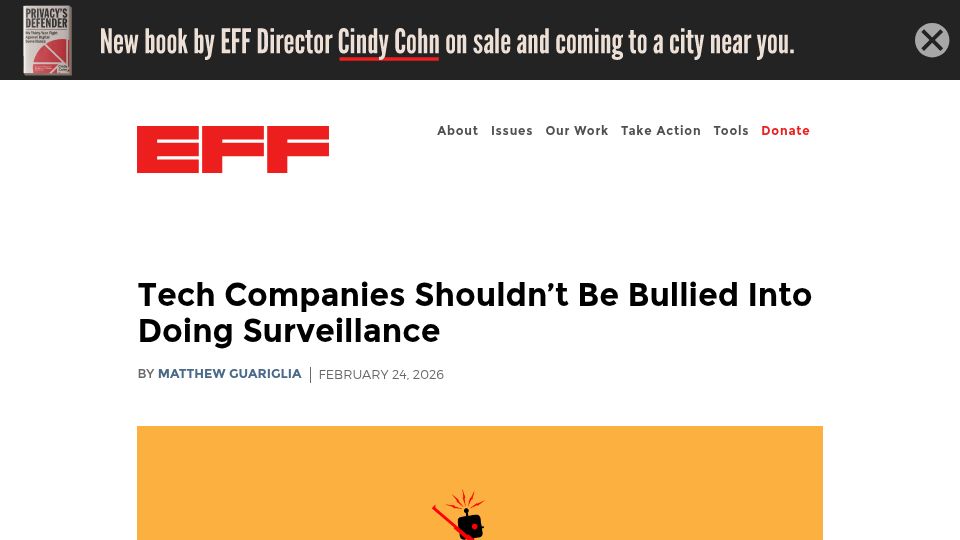Screenshot of eff.org: Tech companies shouldn't be bullied into doing surveillance