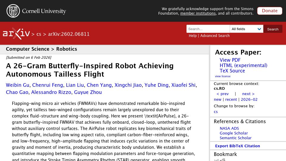 Screenshot of arxiv.org: A 26-Gram Butterfly-Inspired Robot Achieving Autonomous Tailless Flight