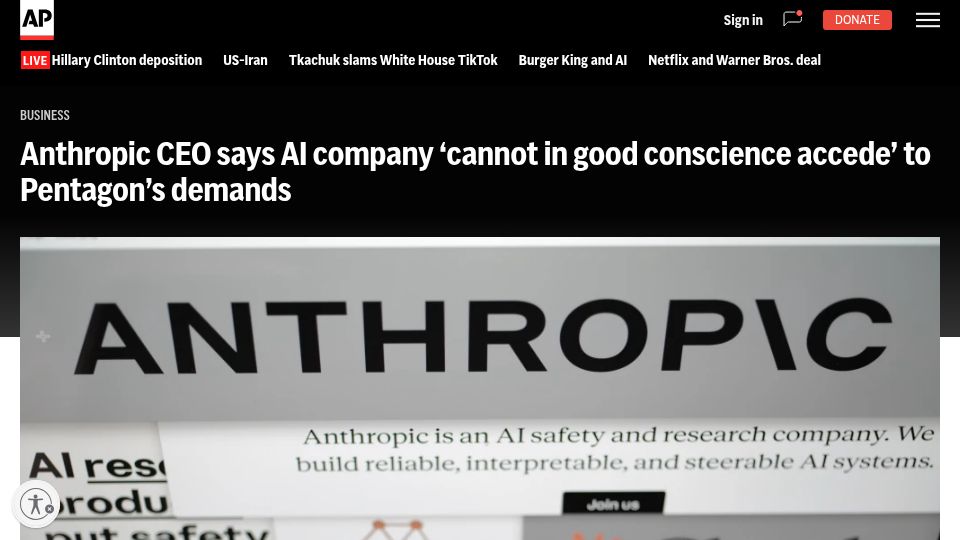 Screenshot of apnews.com: Anthropic says company 'cannot in good conscience accede' to Pentagon's demands
