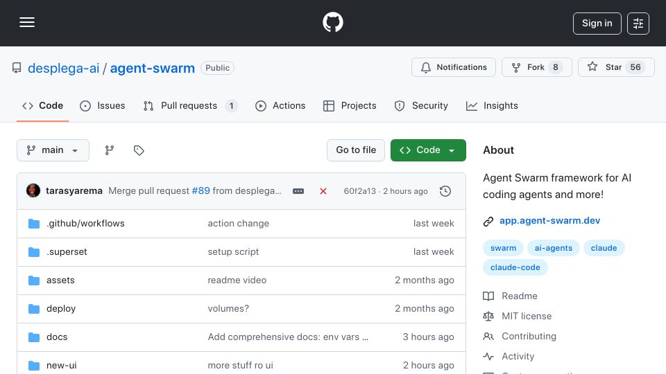 Screenshot of github.com: Show HN: Agent Swarm – Multi-agent self-learning teams (OSS)