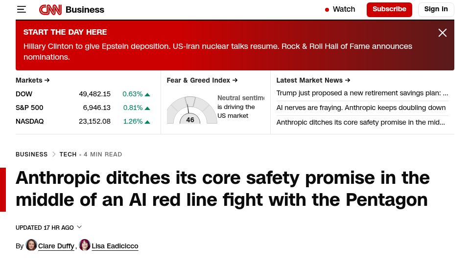 Screenshot of cnn.com: Anthropic ditches its core safety promise