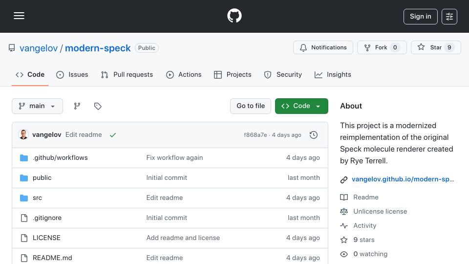 Screenshot of github.com: Show HN: Modern Reimplementation of the Speck Molecule Renderer